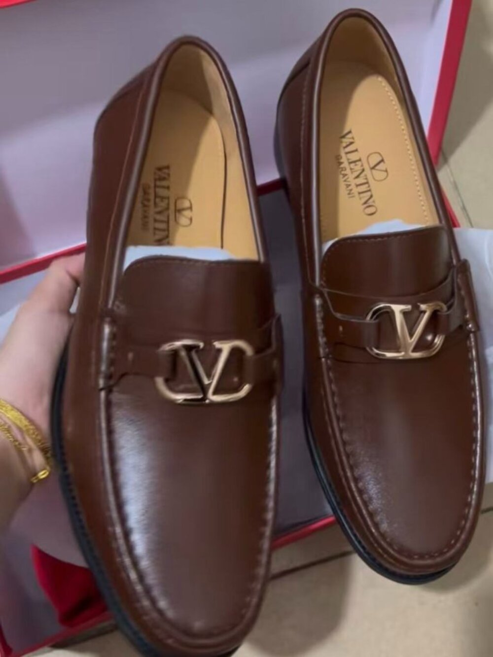 Valentino Style Brown V-Logo Womens Loafers